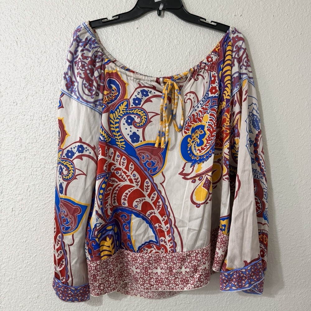 Hale Bob M Women's Blouse Silk Blend Floral Boho Designer Colorful Paisley